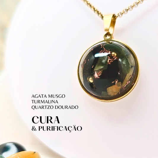 Cura, Purificação e Proteção | Orgonite com Turmalina, Ágata Musgo e Quartzo Dourado